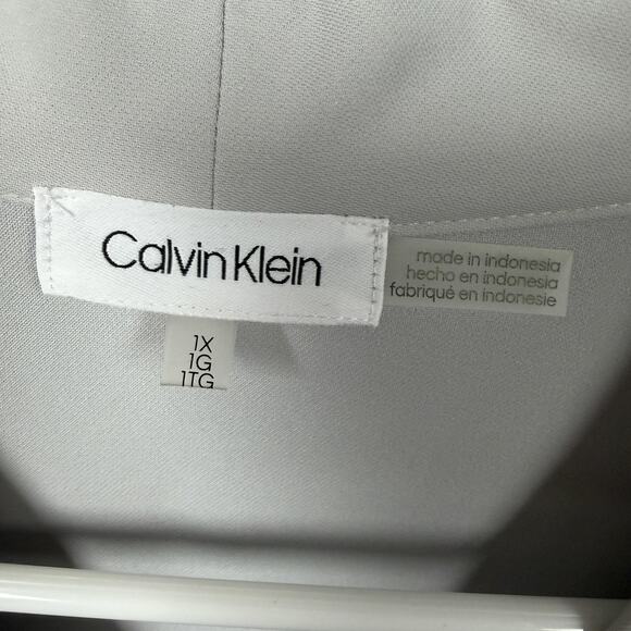 Calvin Klein Blouse Womens 1X Plus Gray V-Neck Roll Tab Sleeve Preppy Flowy - Picture 5 of 12